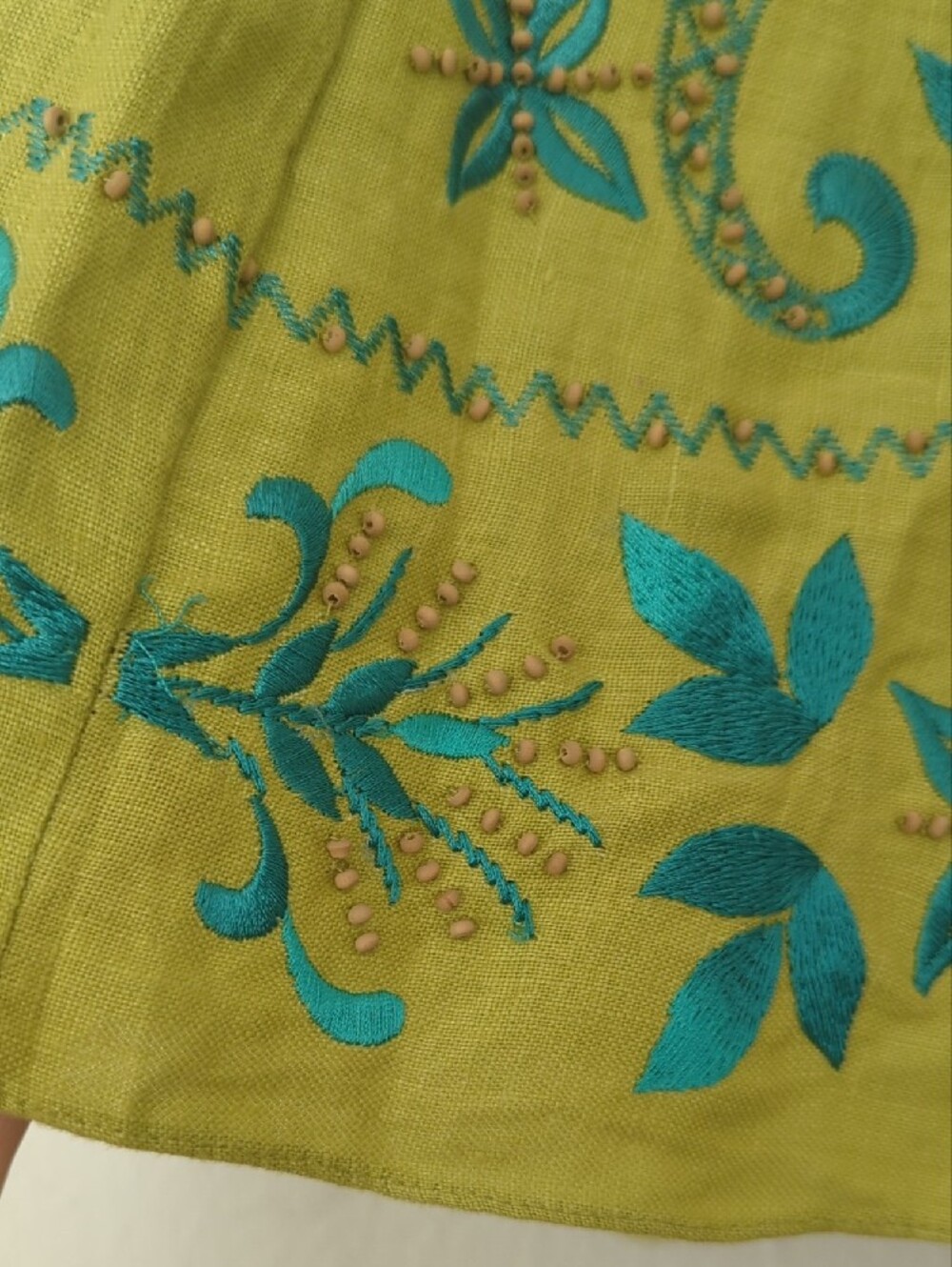 Y2K Sue Wong Linen Spaghetti Strap Dress with Floral Embroidery & Wood Beads - Picture 12 of 17